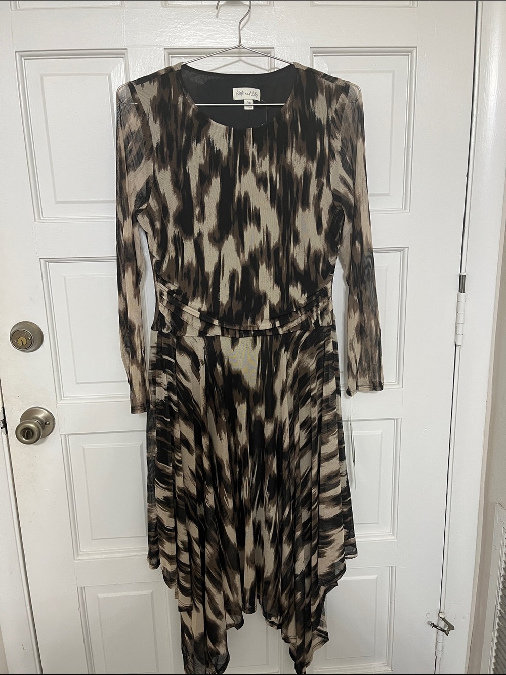 White House Black Market Taupe and Black Printed Handkerchief Hem Dress